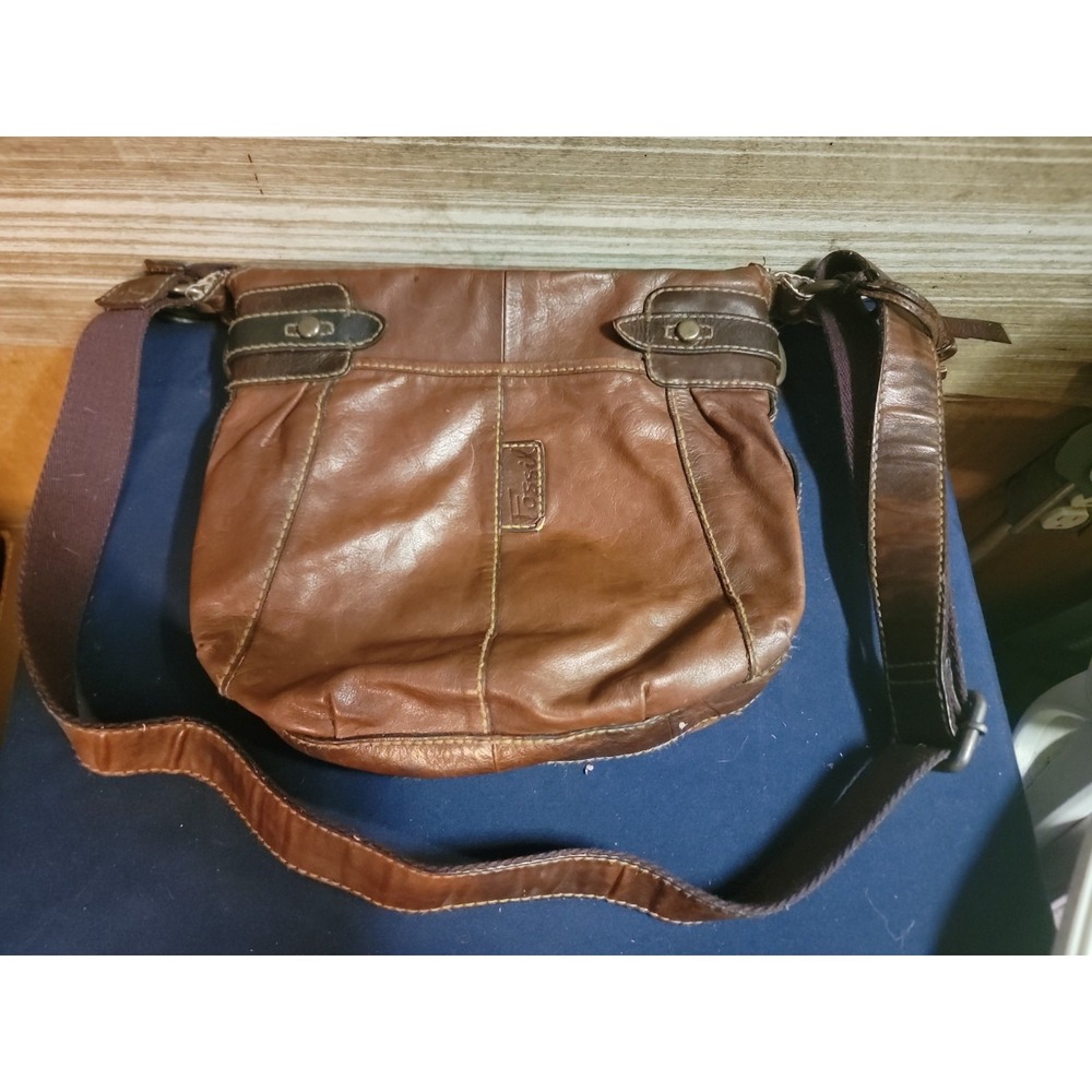 Fossil‎ Brown Leather Crossbody Shoulder Bag Paisley Lining YKK Zip
